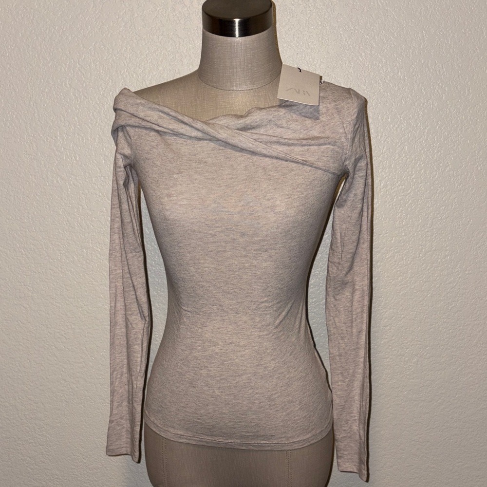 Zara Light Brown Off-Shoulder Long Sleeve Top